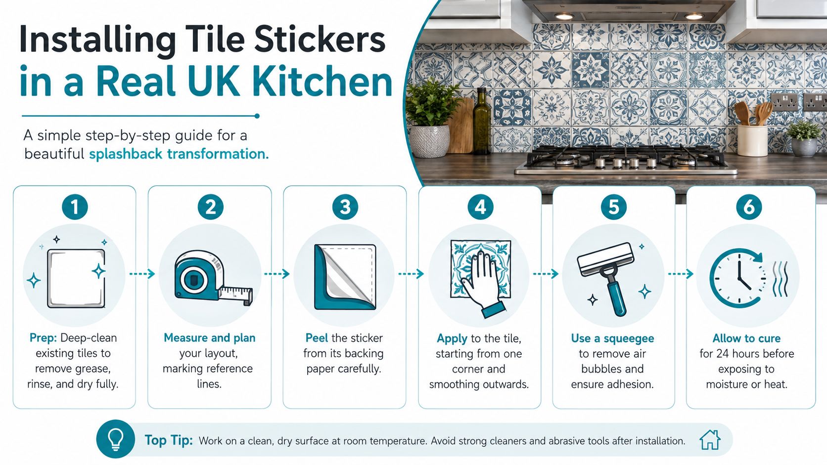 An instructional graphic showing six steps to install waterproof tile stickers in a kitchen splashback.