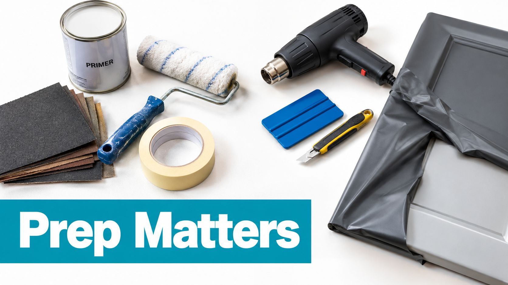 An assortment of tools including sandpaper, primer, rollers, tape, heat gun, and tools for vinyl wrapping cabinets.