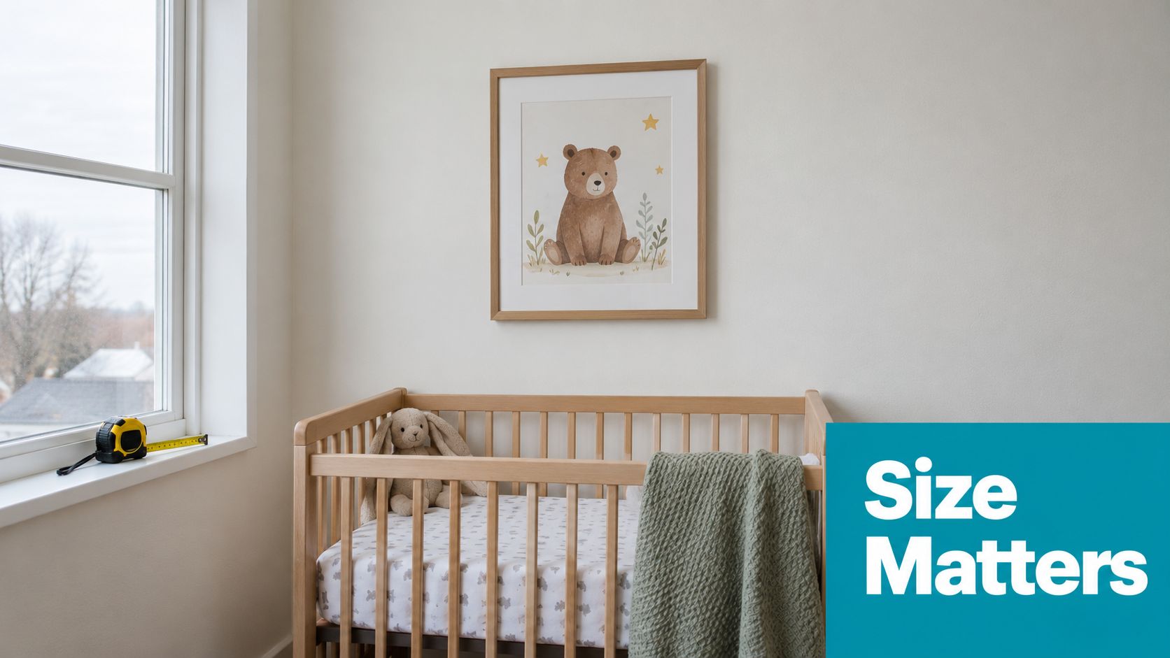 A cozy nursery room featuring a wooden crib, a teddy bear, and a framed bear wall print.