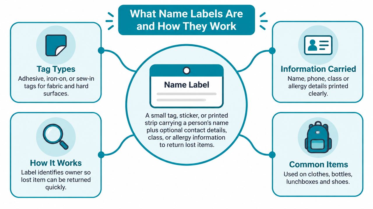An infographic explaining how name labels work, their types, the information they carry, and common items to label.
