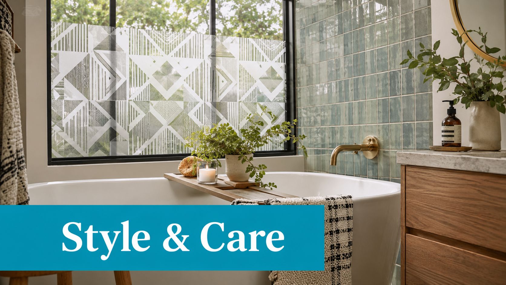 A modern bathroom features a frosted geometric patterned privacy window film behind a sleek white bathtub.