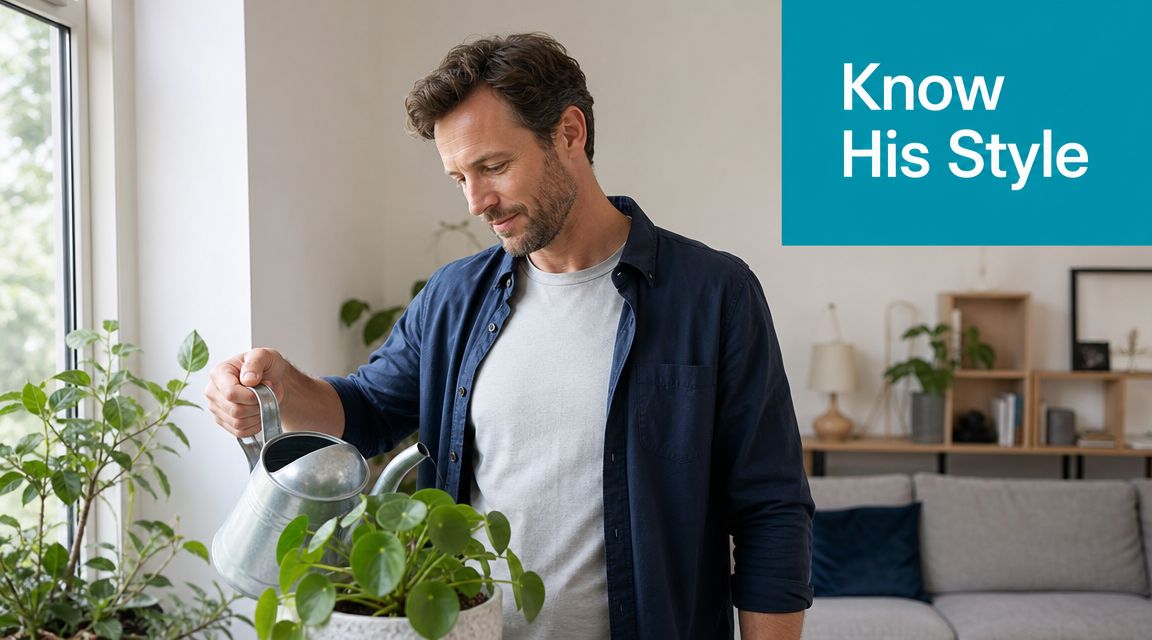 A man watering a green houseplant in a living room, highlighting a casual lifestyle.