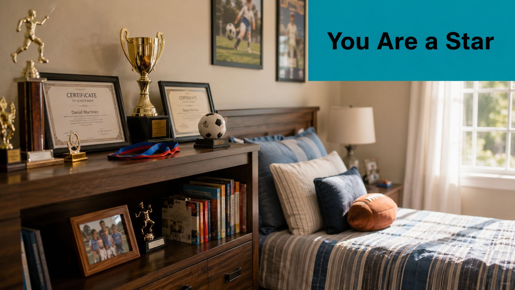 A cozy bedroom decorated with sports trophies, certificates, and framed photos, reflecting a child's athletic achievements.