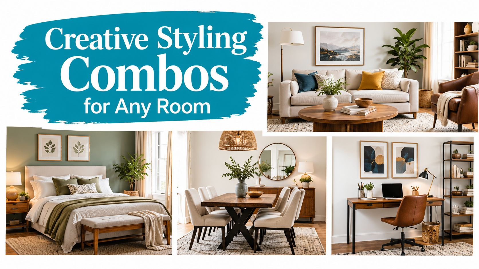 A collage showing various interior design arrangements including a living room, bedroom, dining area, and office space.
