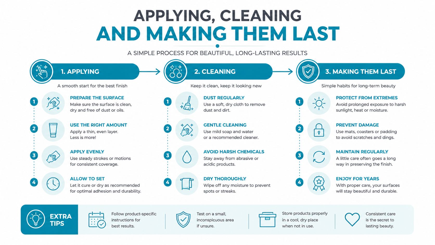 An infographic detailing a three-step process for applying, cleaning, and maintaining surface finishes for long-lasting results.