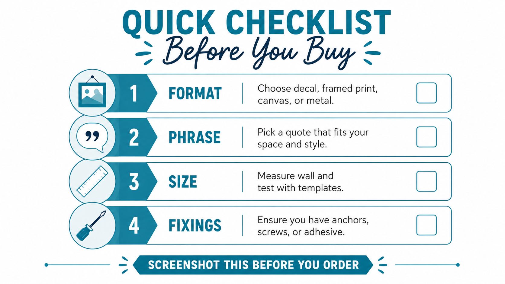 A helpful quick checklist for customers to follow before purchasing wall art with quotes for their home.