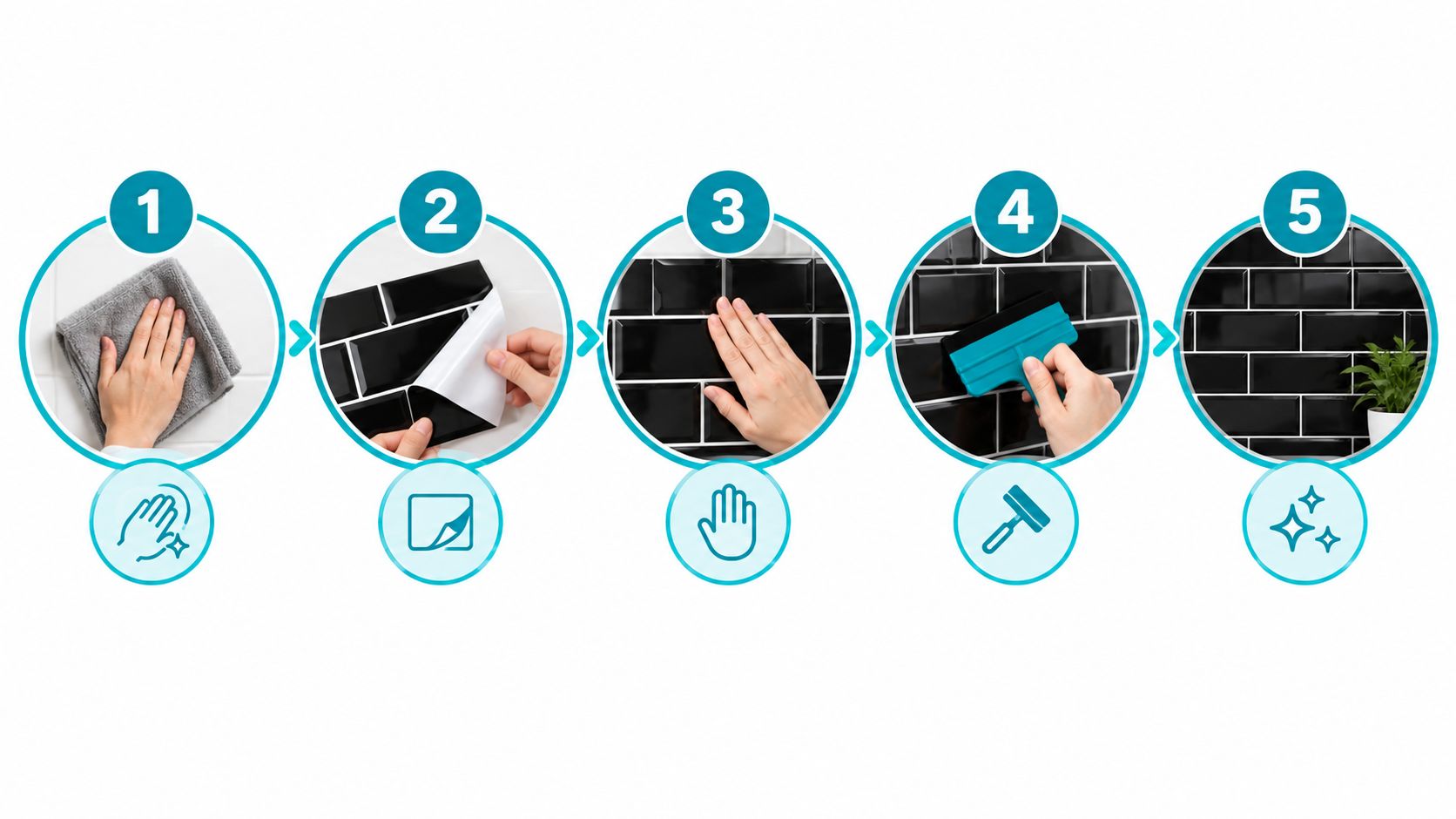 A five-step instructional graphic demonstrating how to apply self-adhesive black bathroom tile stickers to a surface.