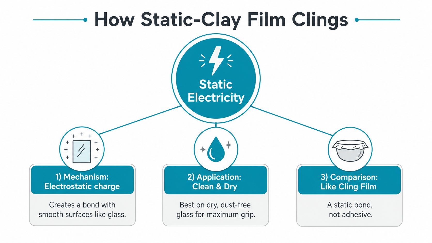 An infographic explaining how static-clay film adheres to glass surfaces using electrostatic charge principles.