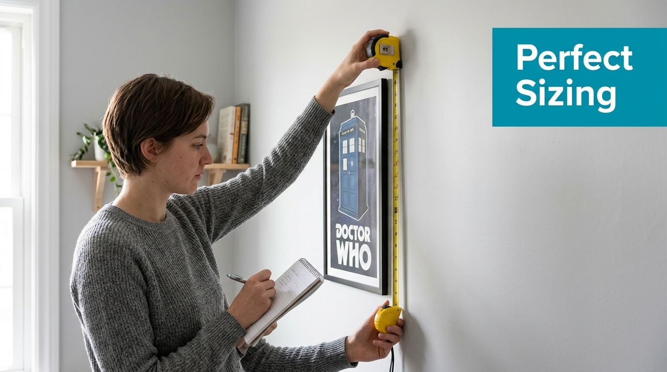 A person measuring the height of a Doctor Who framed poster on a wall with a tape measure.