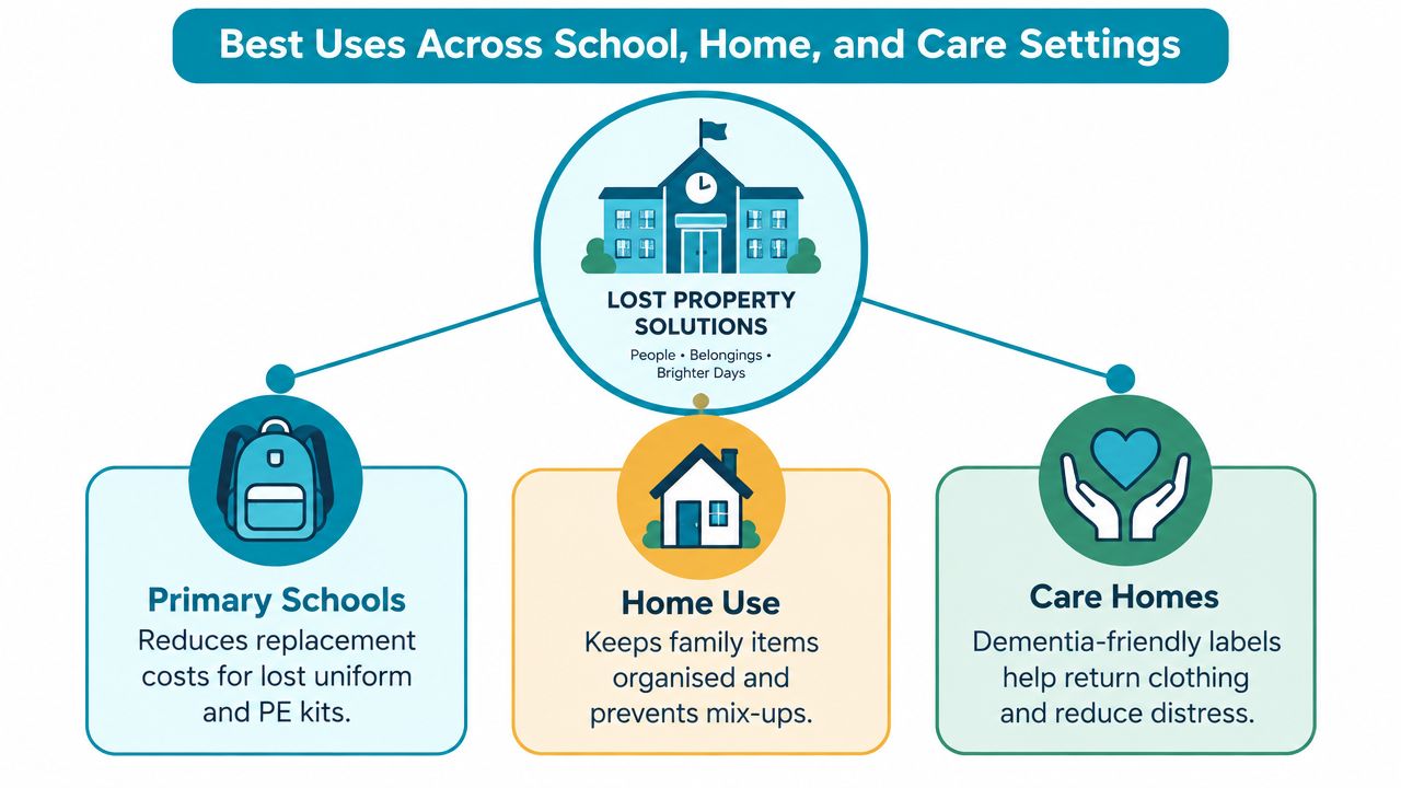 A diagram illustrating the benefits of using name labels in primary schools, homes, and care home settings.