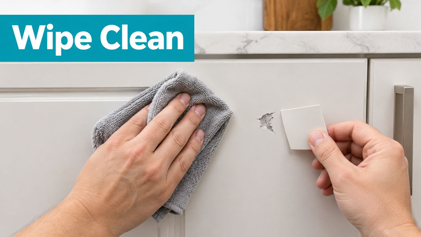 A person cleaning a damaged kitchen cabinet door with a gray cloth and holding a small patch