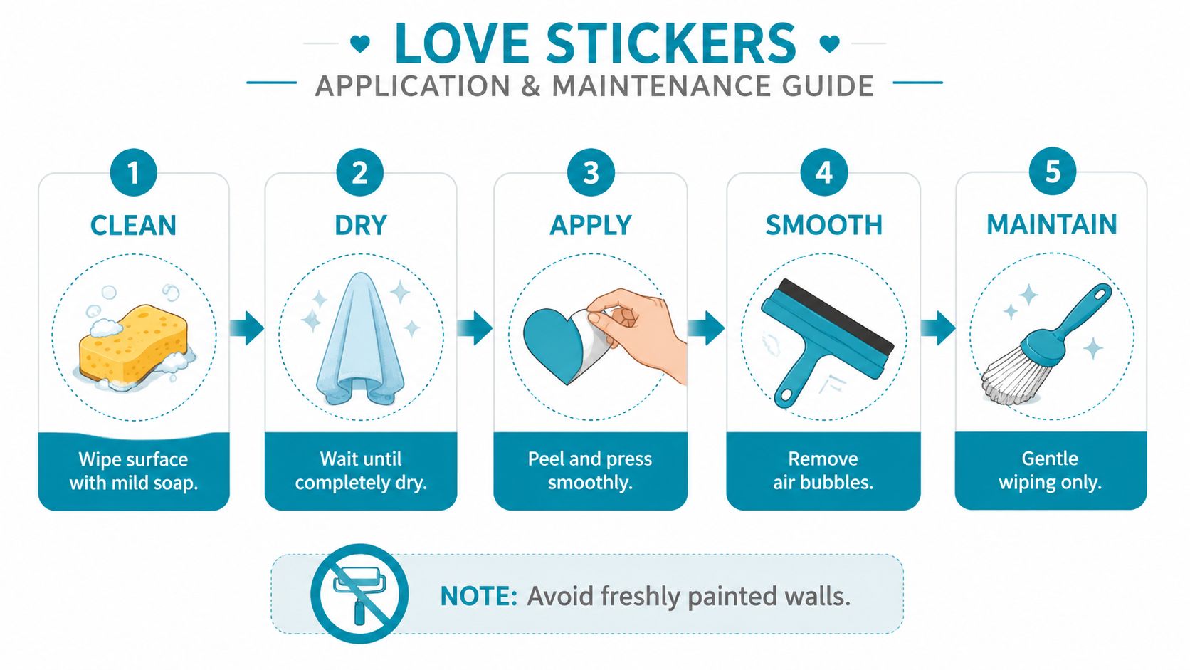 A step-by-step instructional infographic on how to properly apply and maintain love-themed wall stickers.