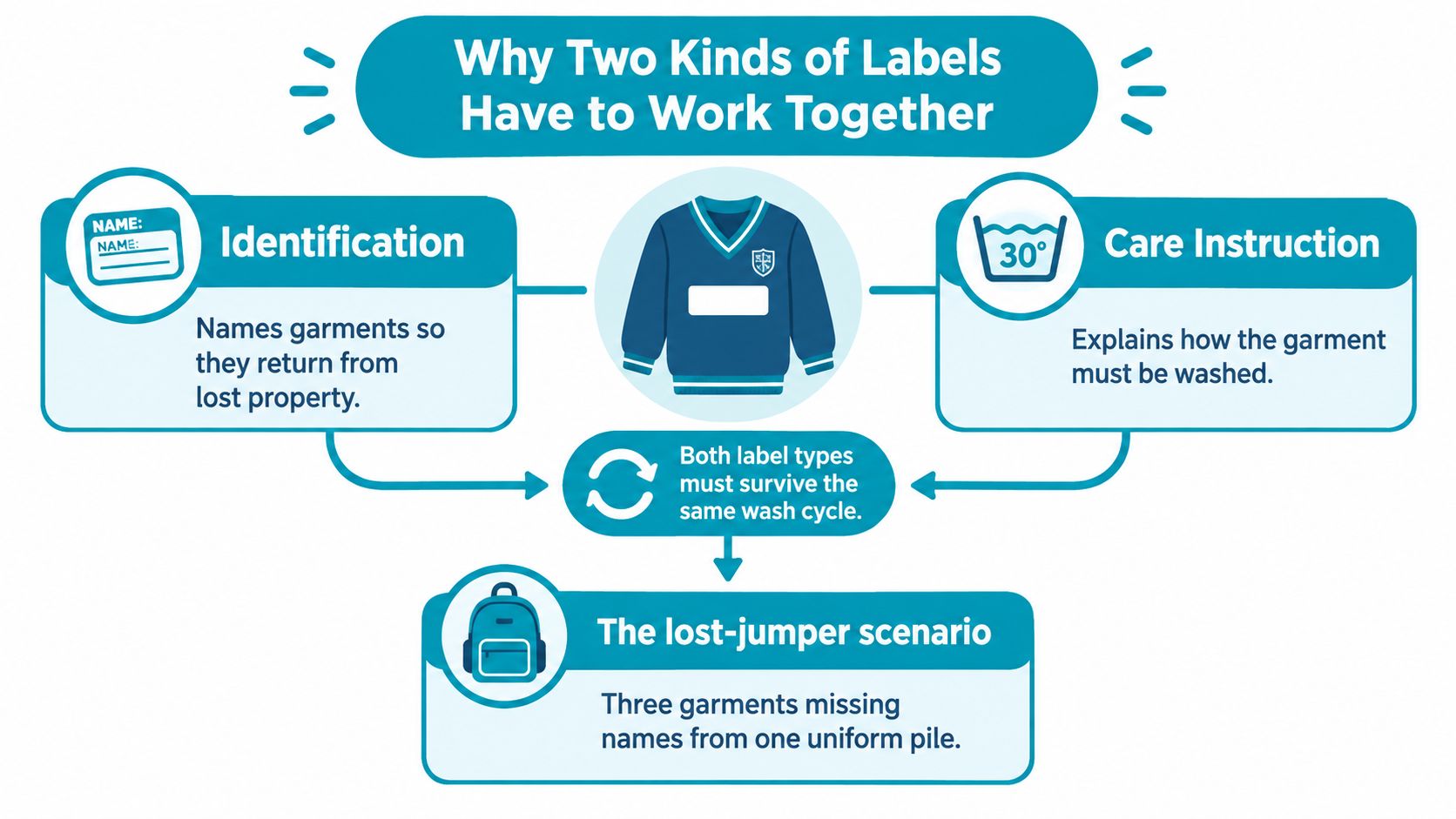 A diagram explaining why garment identification and care instruction labels must both survive the same wash cycle.