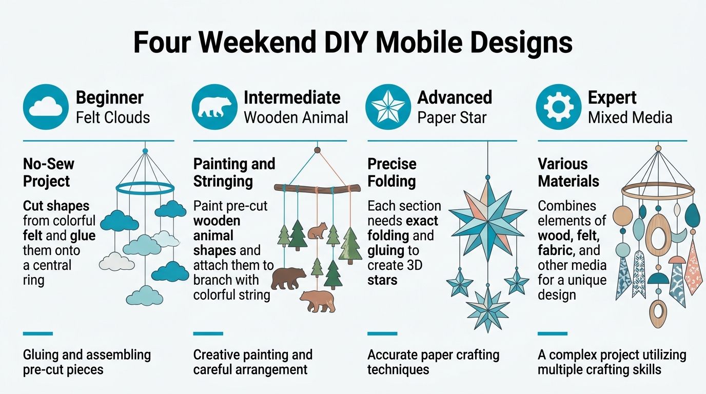 An infographic detailing four DIY baby mobile project ideas ranging from beginner felt clouds to expert mixed media designs.