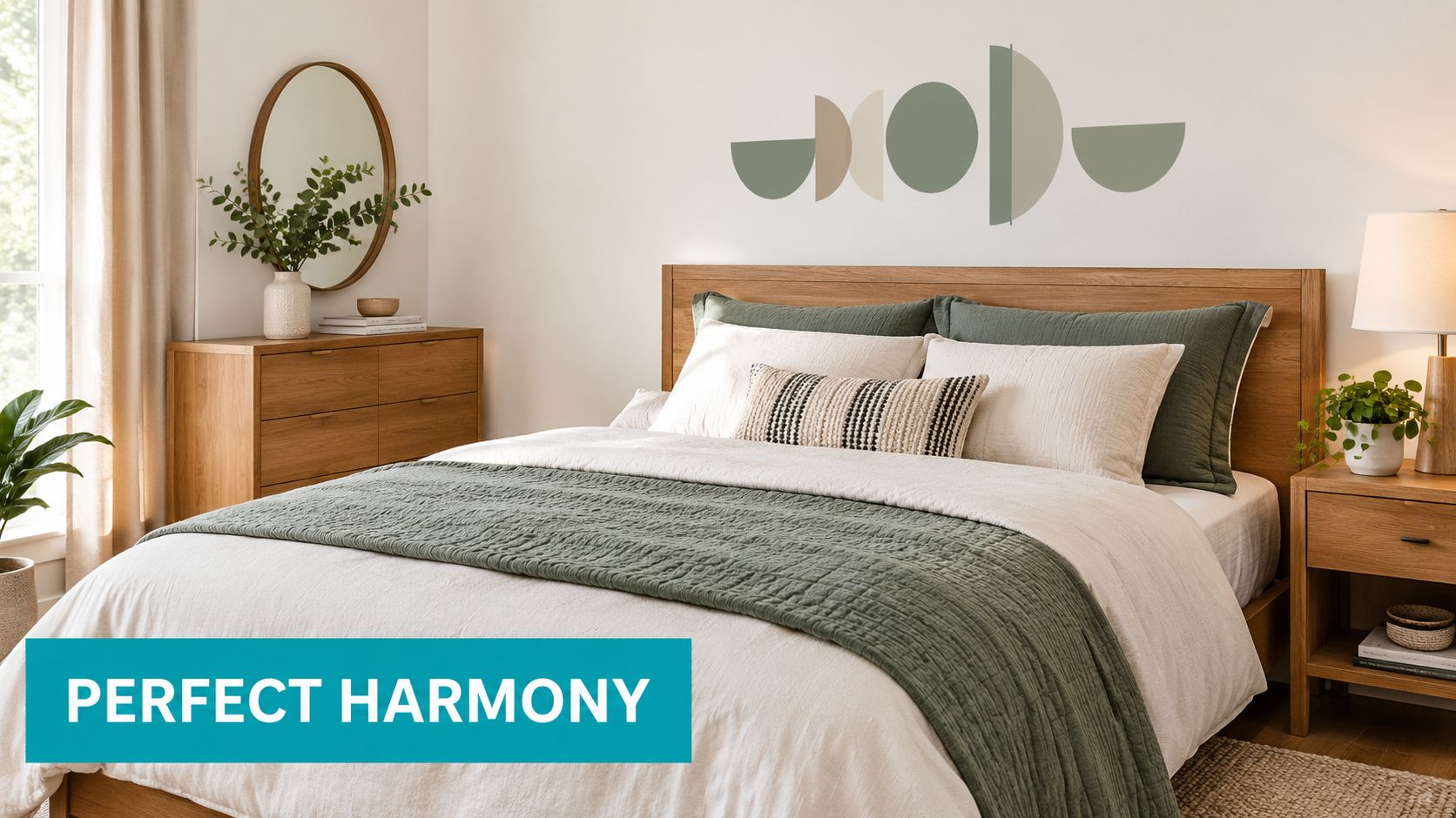 A modern bedroom with wooden furniture and minimalist geometric wall stickers in earthy tones above the bed.