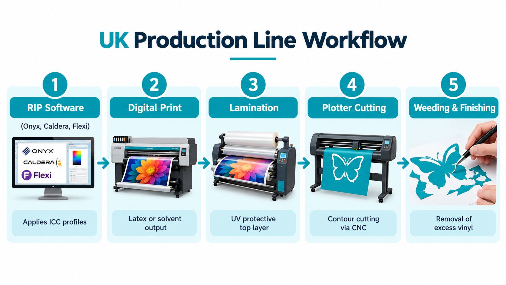 A diagram illustrating the five-step production line workflow for custom vinyl decals printing and finishing.