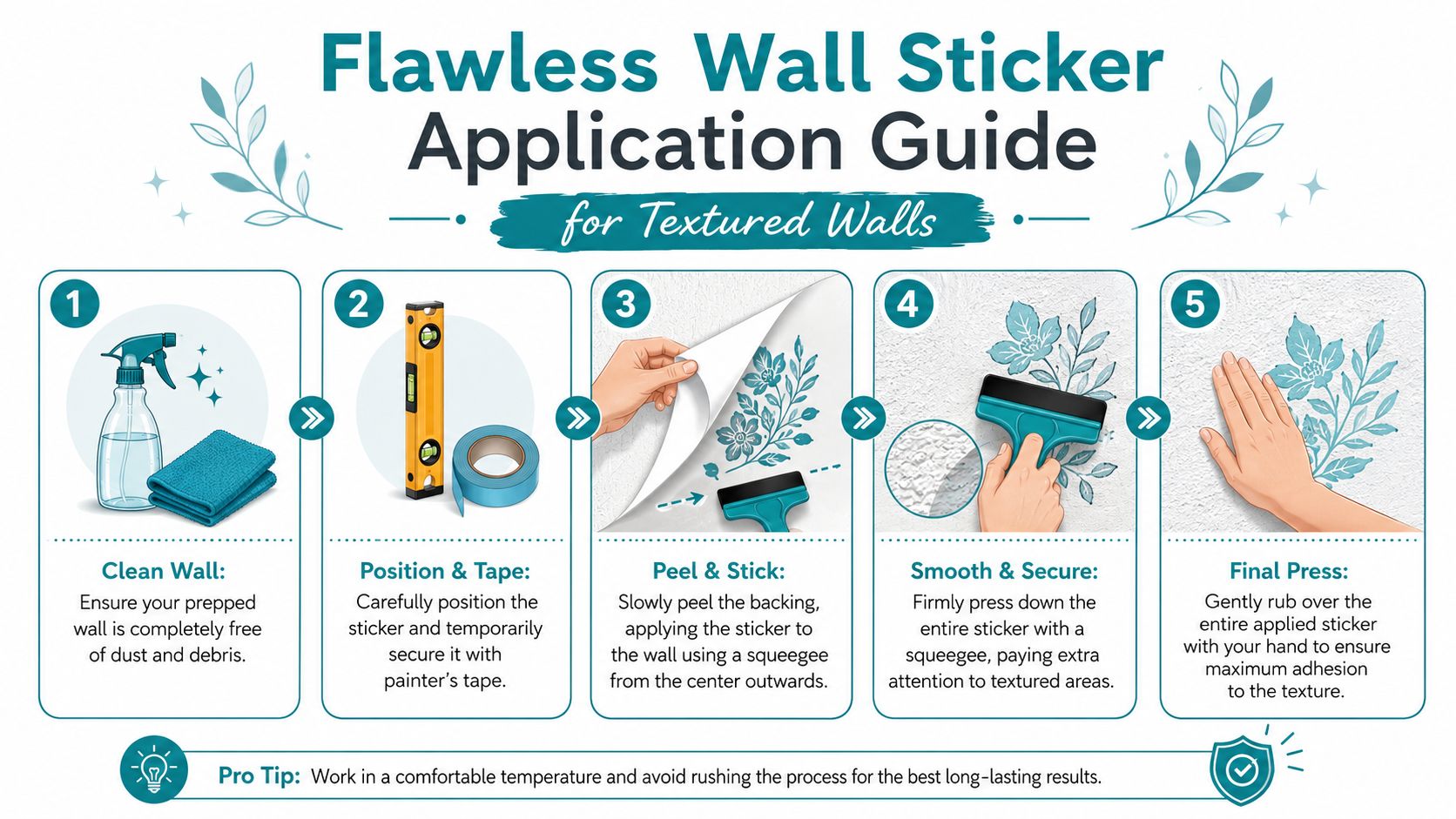 A five-step infographic guide explaining how to apply wall stickers to textured surfaces for a flawless result.
