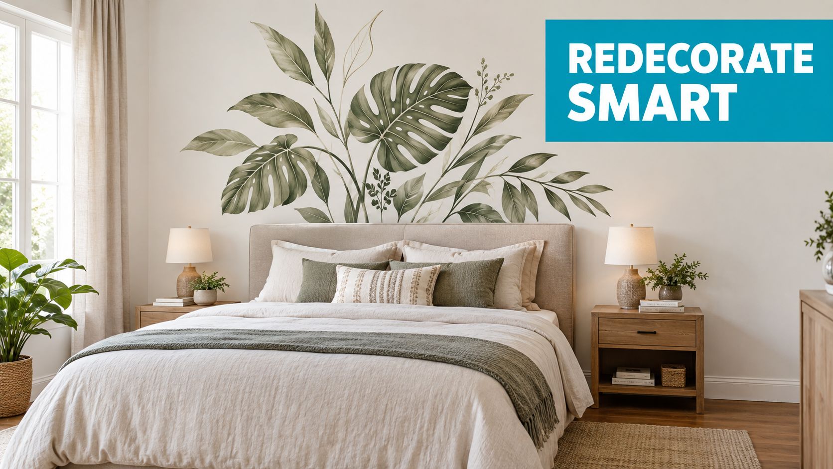 A modern bedroom featuring large botanical wall stickers above a neutral upholstered headboard and wooden nightstands.