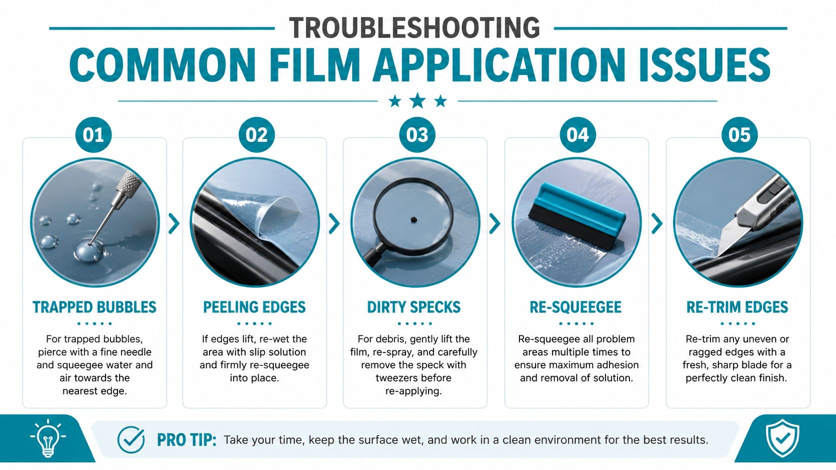 A troubleshooting infographic illustrating common film application issues like trapped bubbles, peeling edges, and dirty specks.