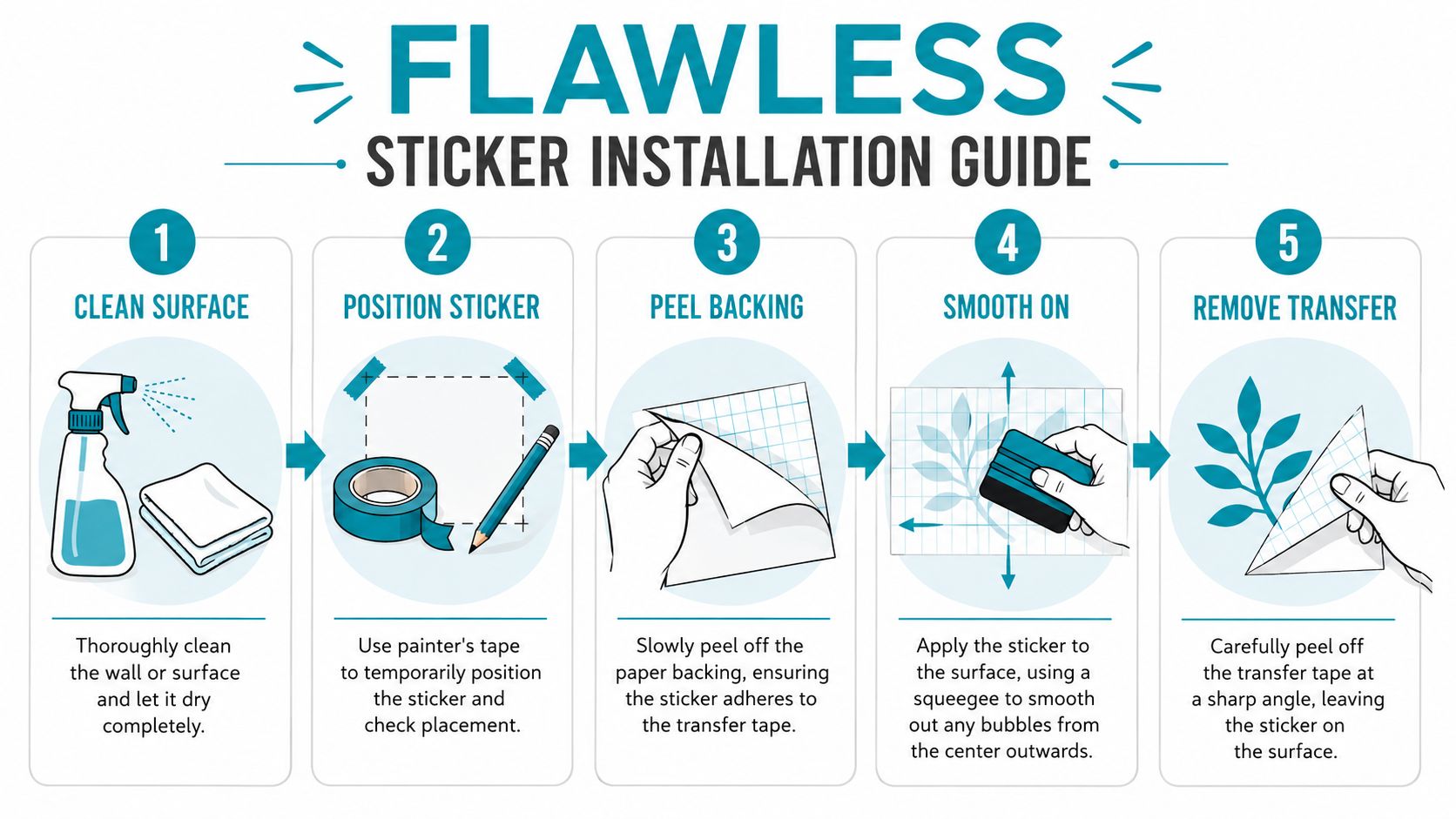 A five-step instructional guide on how to correctly apply vinyl wall stickers to a smooth surface.