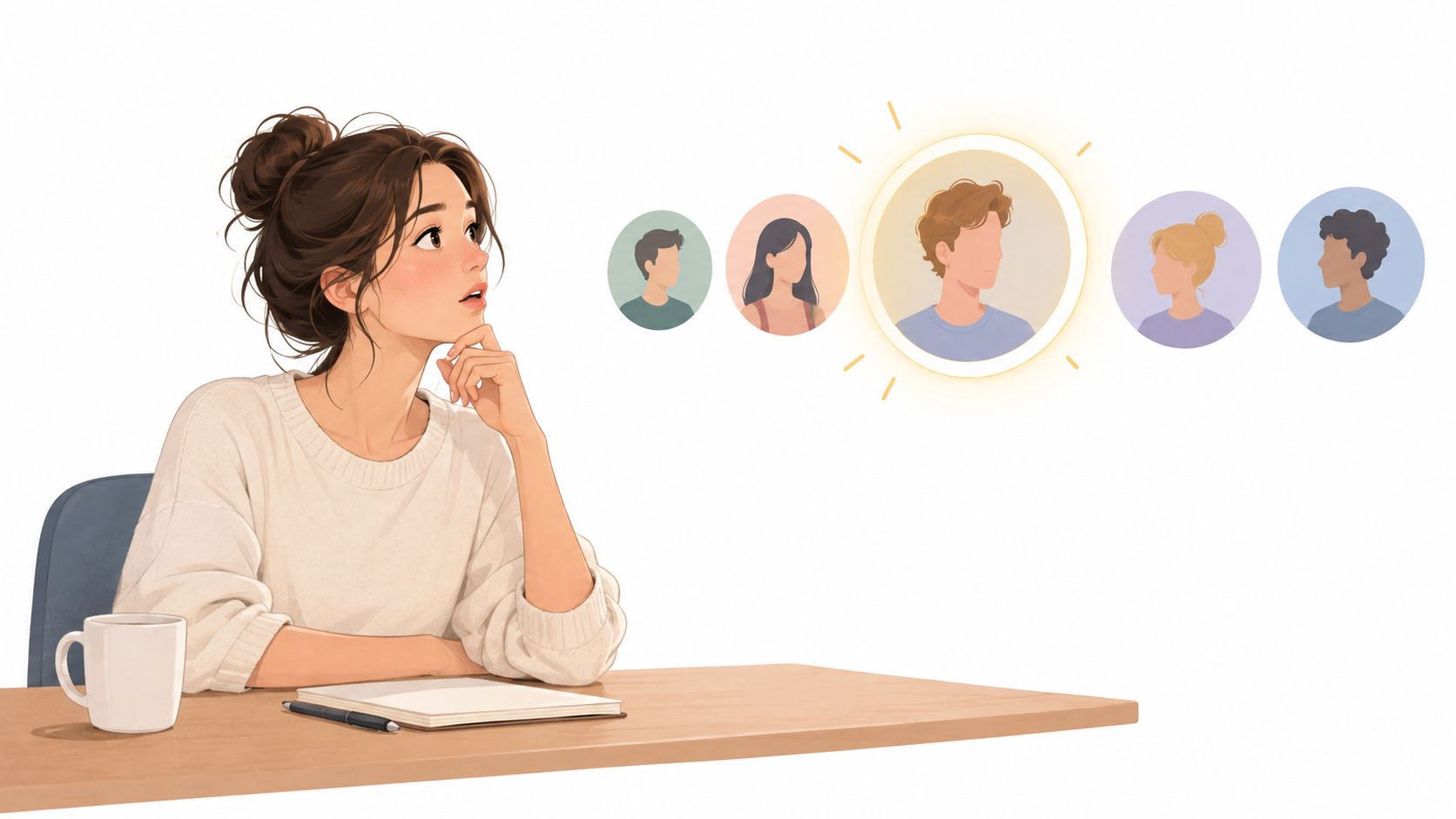 A contemplative young woman sitting at a desk thinking about people icons appearing above her head.