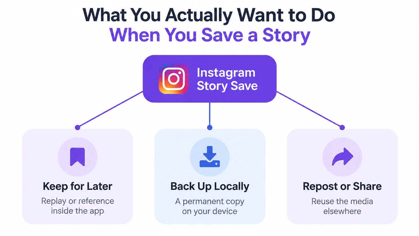 A diagram illustrating the three main reasons users want to save an Instagram story for later.