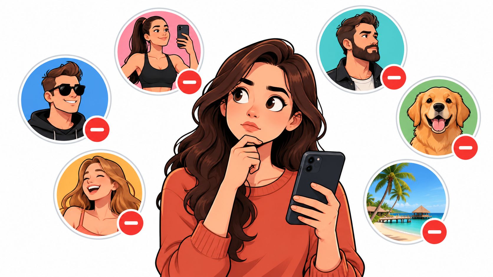 A woman holding a smartphone, surrounded by circular icons of people, a pet, and a beach, with delete symbols.