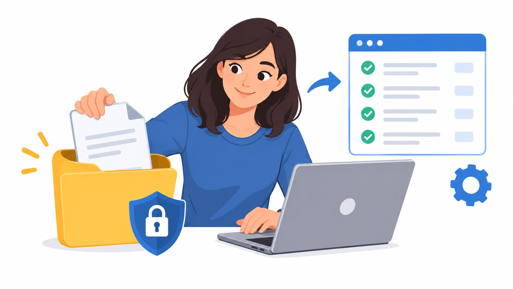A young woman organizing secure digital documents on her laptop with a shield and checklist icon nearby.
