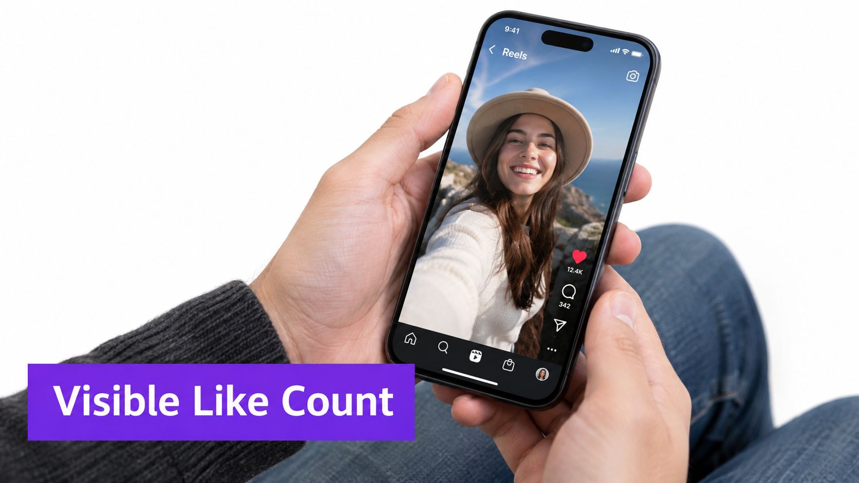 A person holding a smartphone displaying an Instagram Reels feed with a visible like count of 12.4K.
