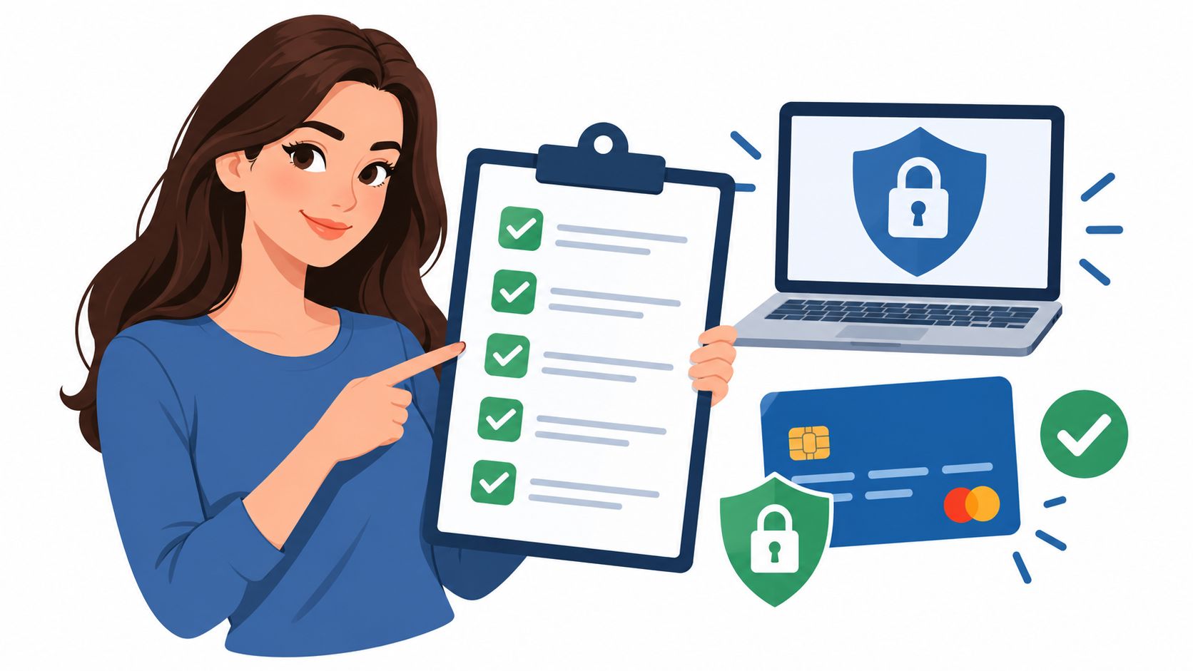 Conceptual illustration of reviewing permissions and payment terms, with a checklist and lock symbols.