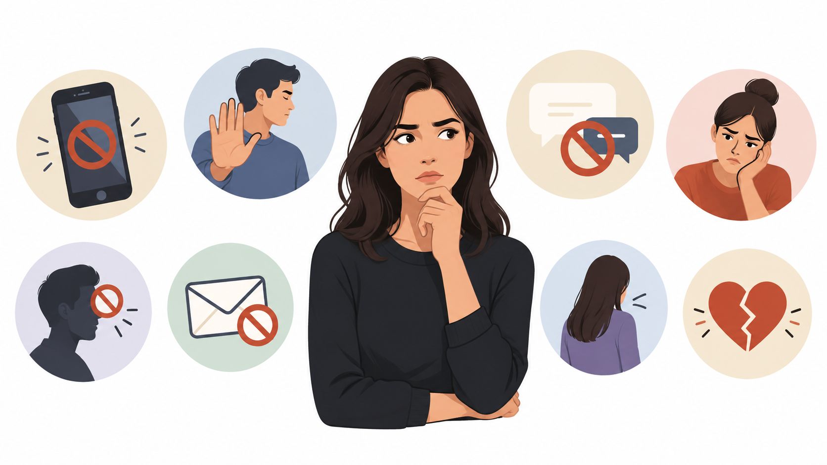 A pensive woman surrounded by icons representing digital and social rejection, such as blocked communication and heartbreak.