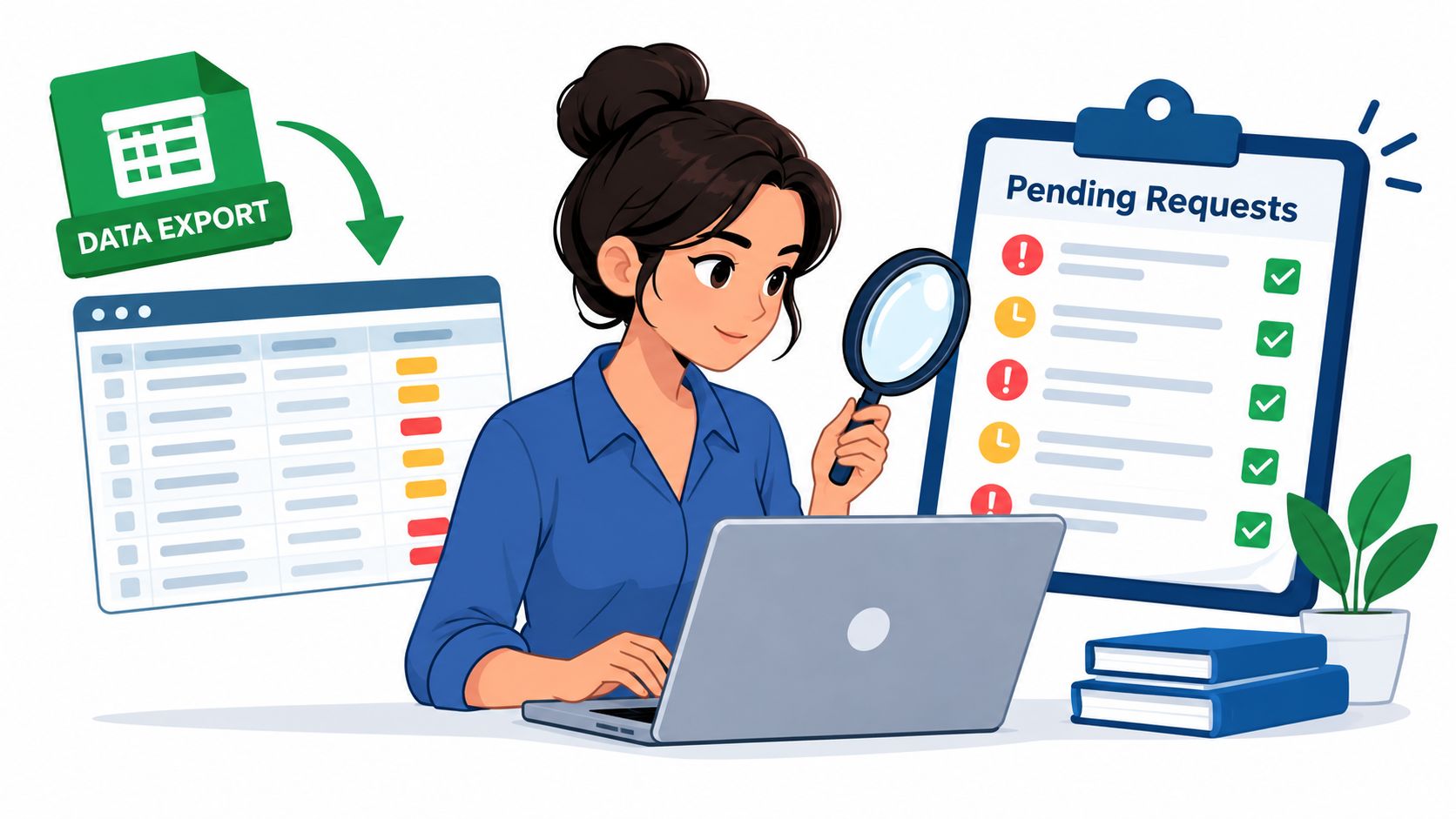 A woman examining a list of pending requests on a clipboard while working on a laptop.
