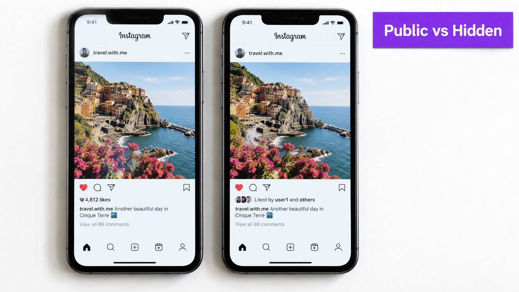 Two smartphones displaying identical Instagram posts, one showing public like counts and the other showing hidden likes.