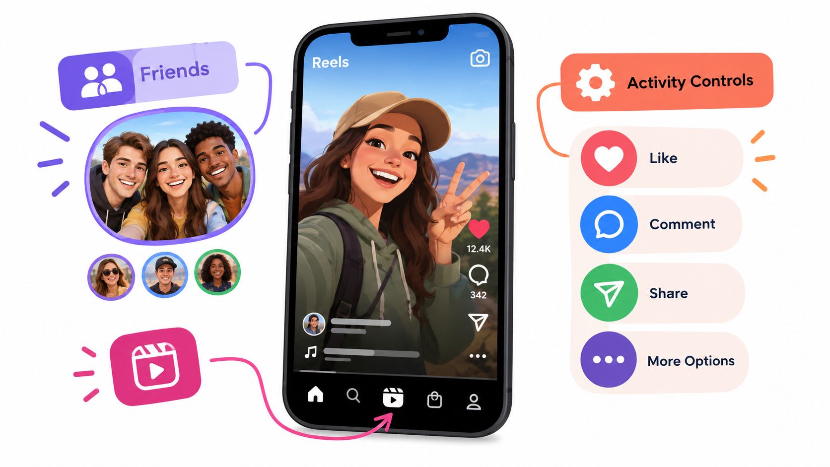 A digital illustration showing a mobile phone interface with social media features like friends, reels, and engagement buttons.