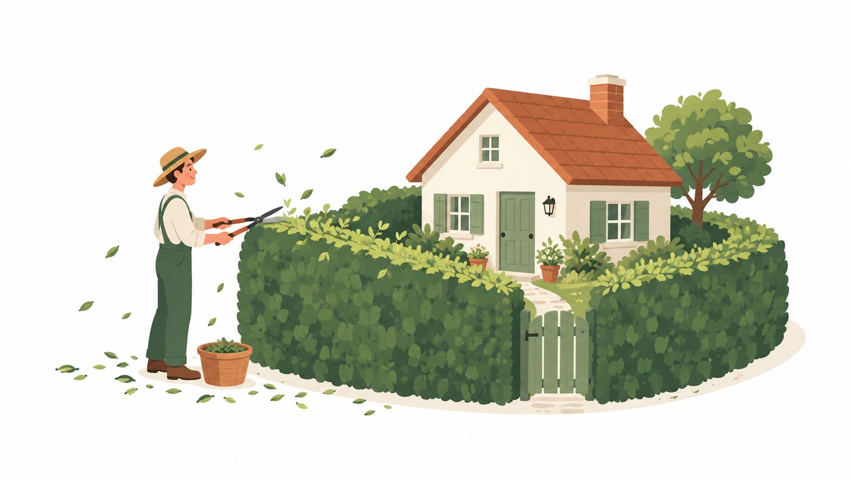 A gardener in a hat trims a green hedge in front of a cozy cottage house.