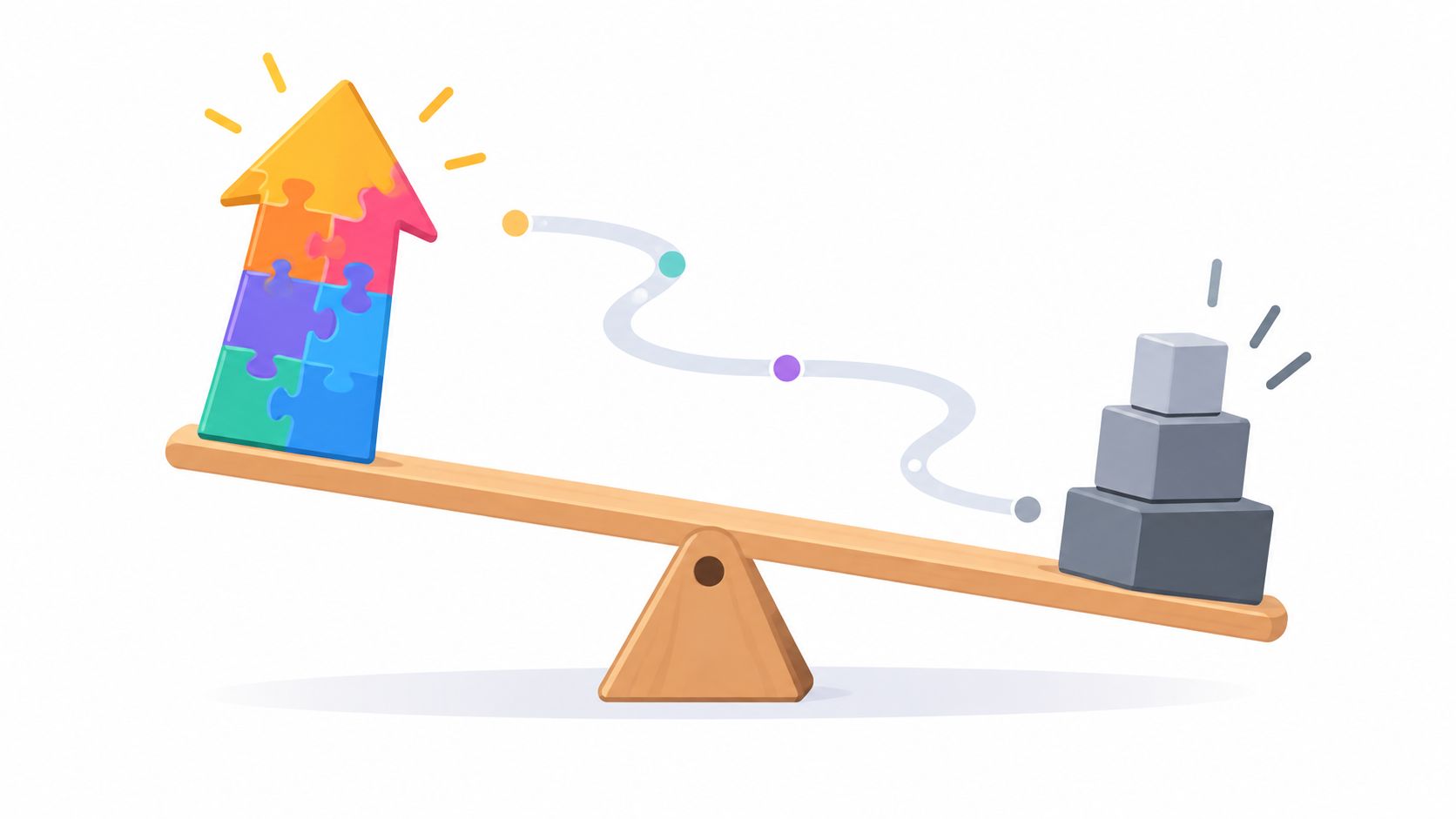 A seesaw balancing a colorful puzzle arrow against a stack of gray blocks with a path illustration.