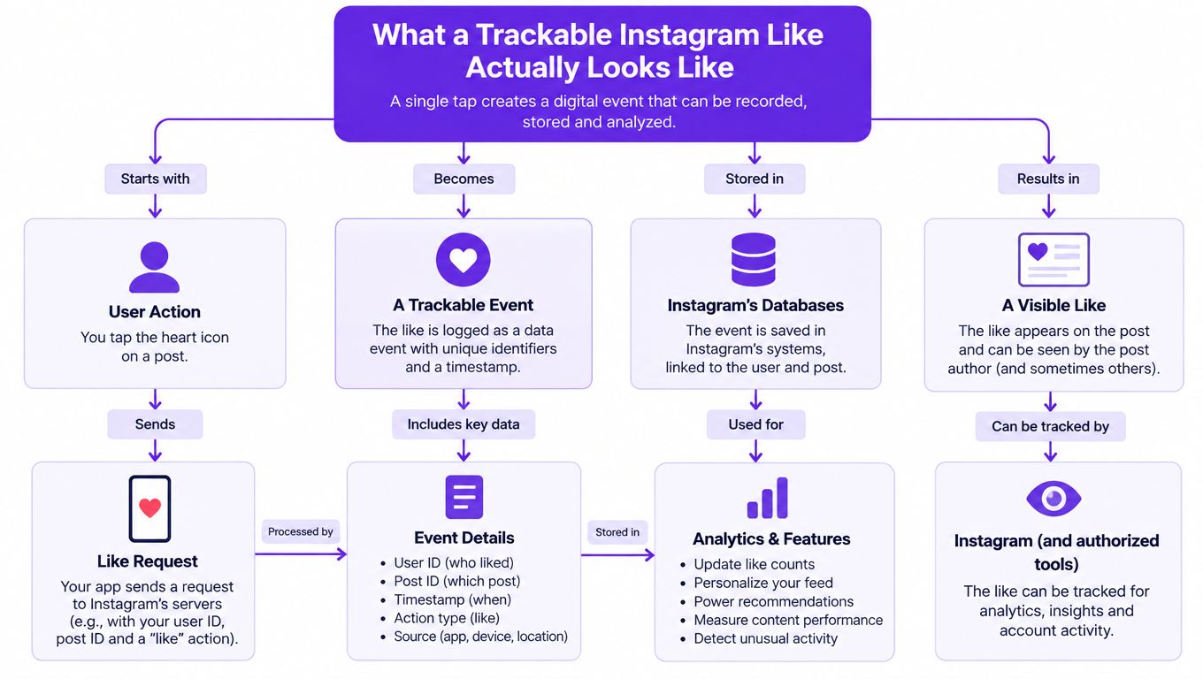 An infographic illustrating the digital process and data flow of a user liking an Instagram post.