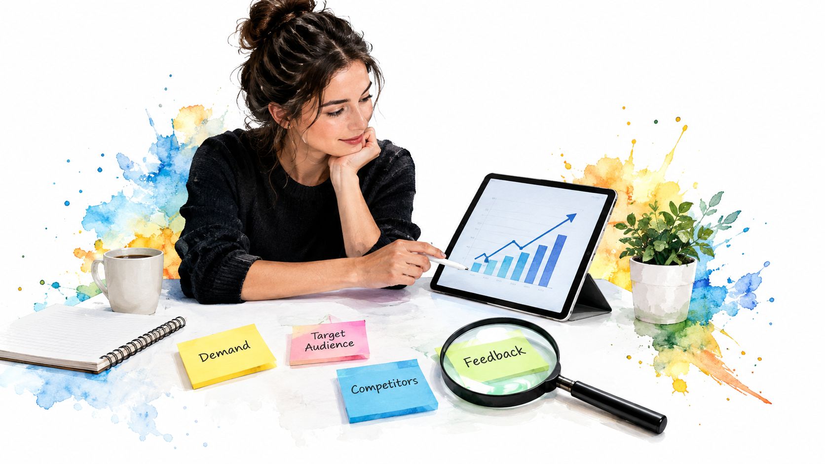 A businesswoman planning a start business checklist while analyzing charts and notes at her workspace desk.