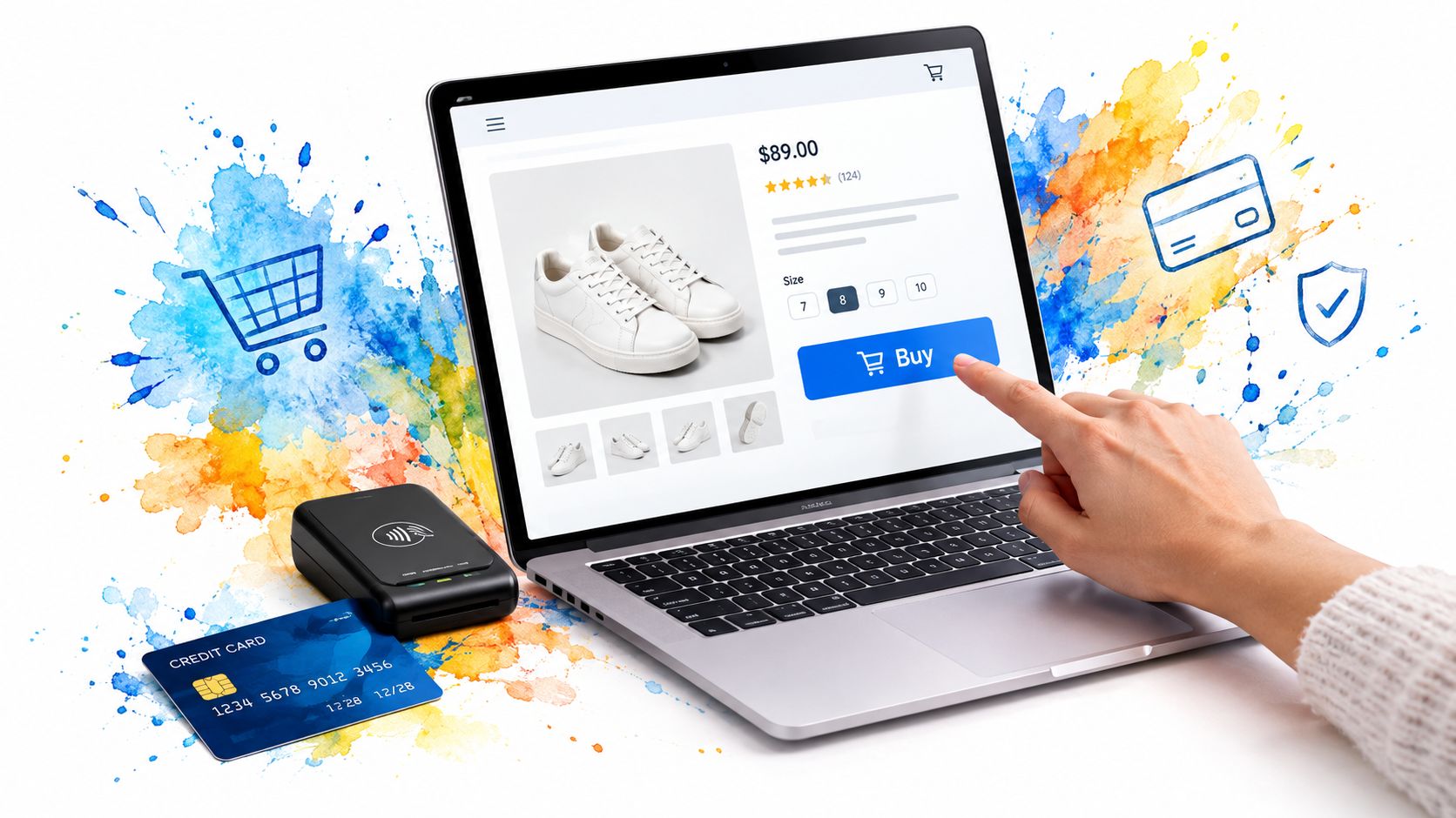 A hand clicking the buy button on a laptop screen displaying online store product page with shoes.