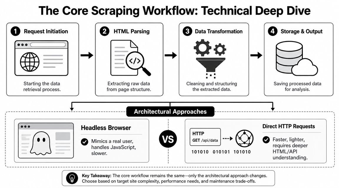 A diagram outlining the four stages of the web scraping workflow and two common architectural approaches.