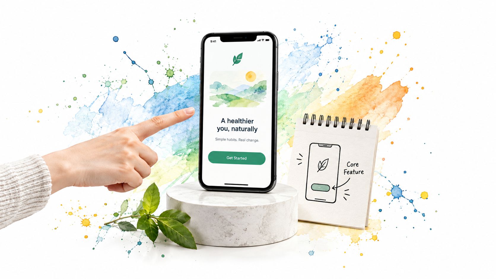A smartphone on a marble pedestal showing a health app with a notebook next to it.