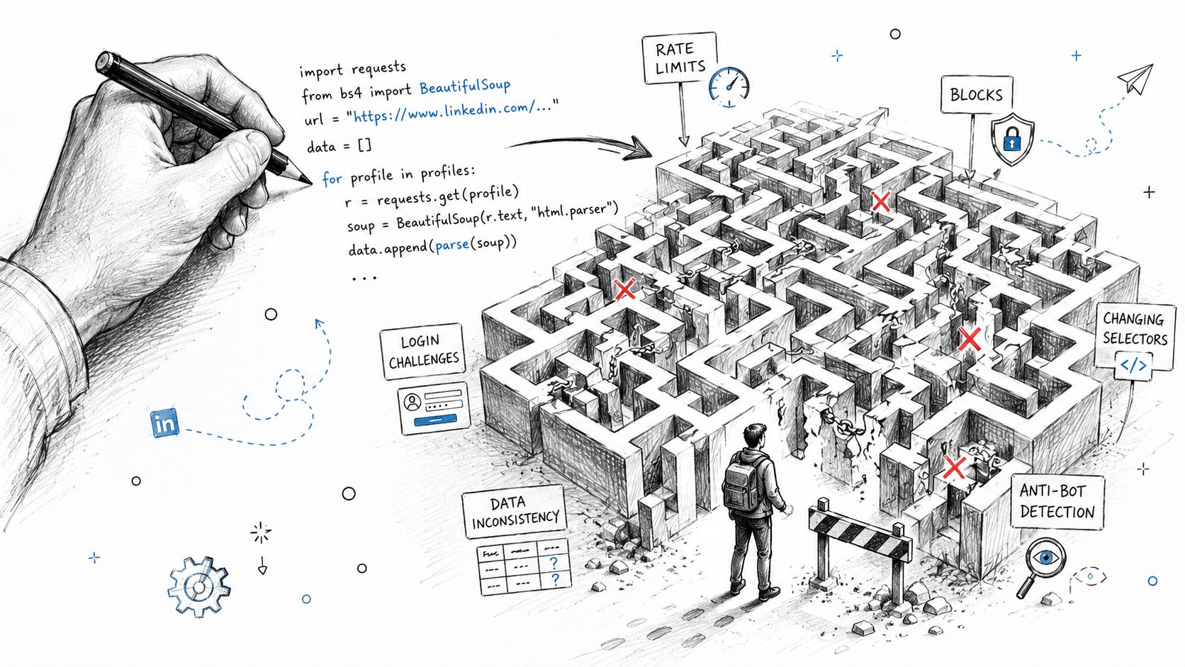 A hand sketching Python code to navigate a complex maze symbolizing challenges in scraping LinkedIn data.