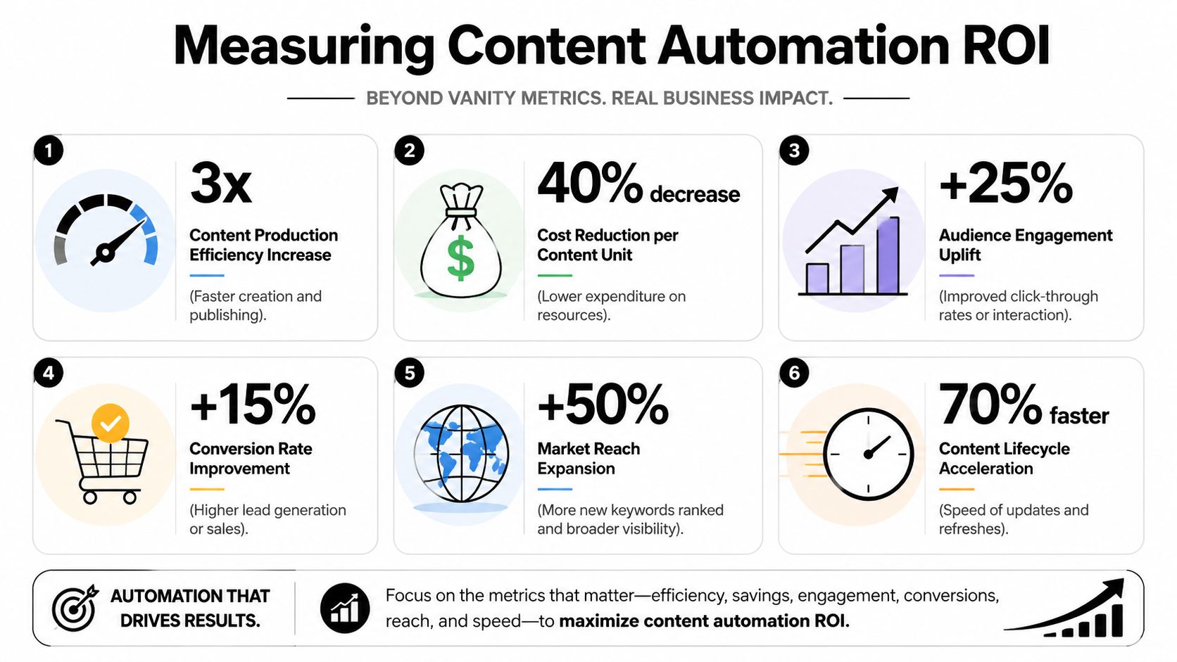An infographic showing six key metrics to measure the ROI of automated content creation for businesses.