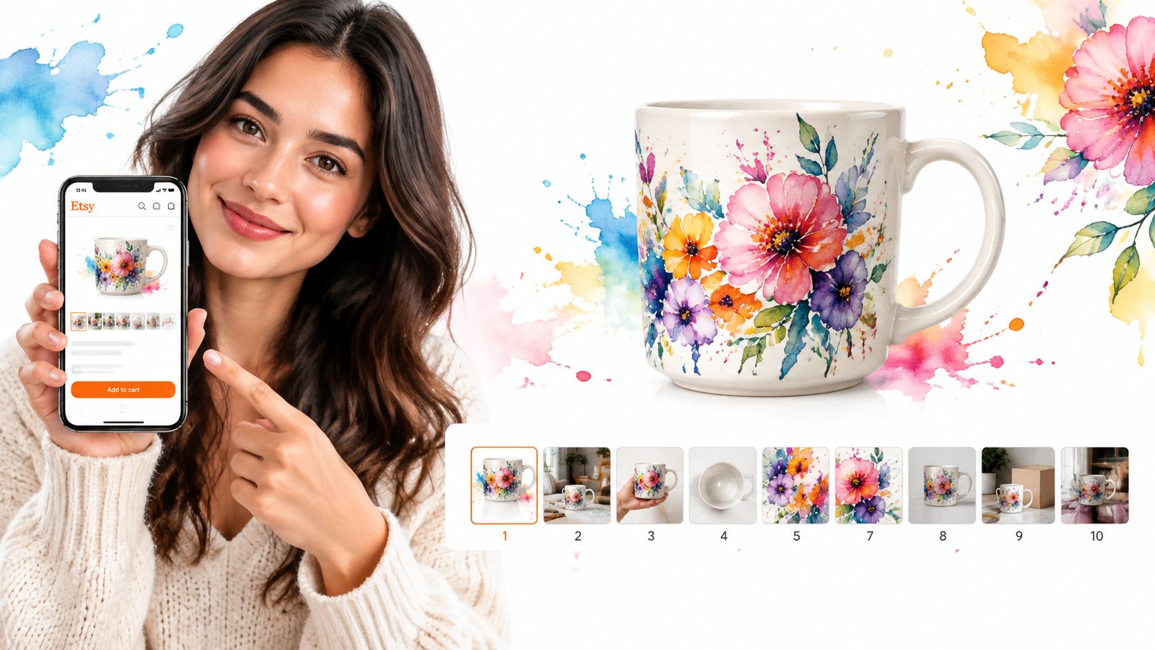 A woman holding a smartphone displaying an Etsy product page featuring a floral watercolor mug design.