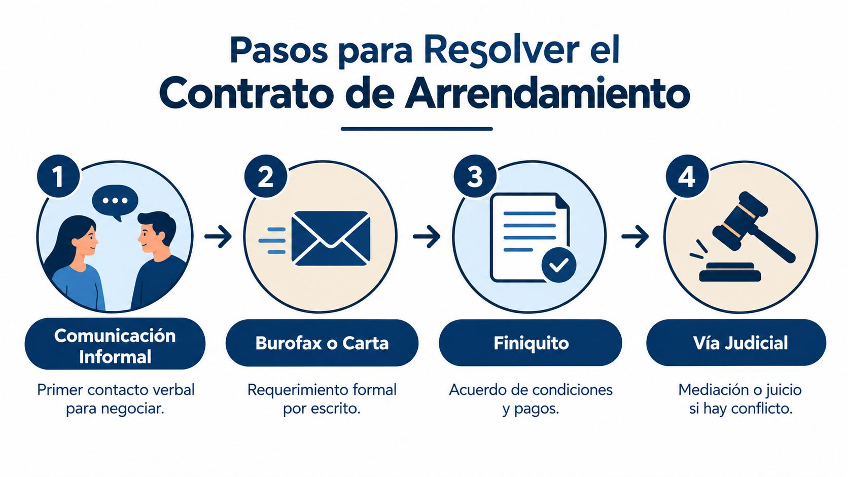 Infografía con cuatro pasos para resolver un contrato de arrendamiento de forma legal y ordenada.