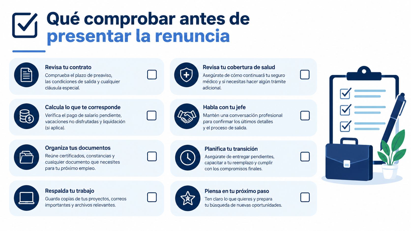 Lista de tareas y recomendaciones importantes que debes considerar antes de presentar tu renuncia laboral formalmente.