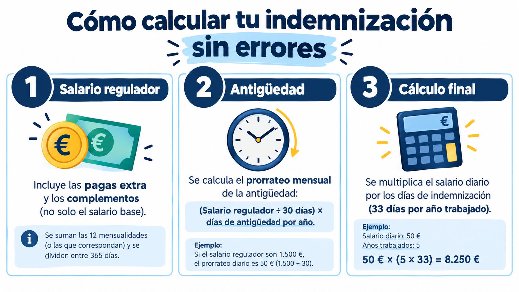 Infografía paso a paso que explica cómo calcular una indemnización por despido de forma correcta.