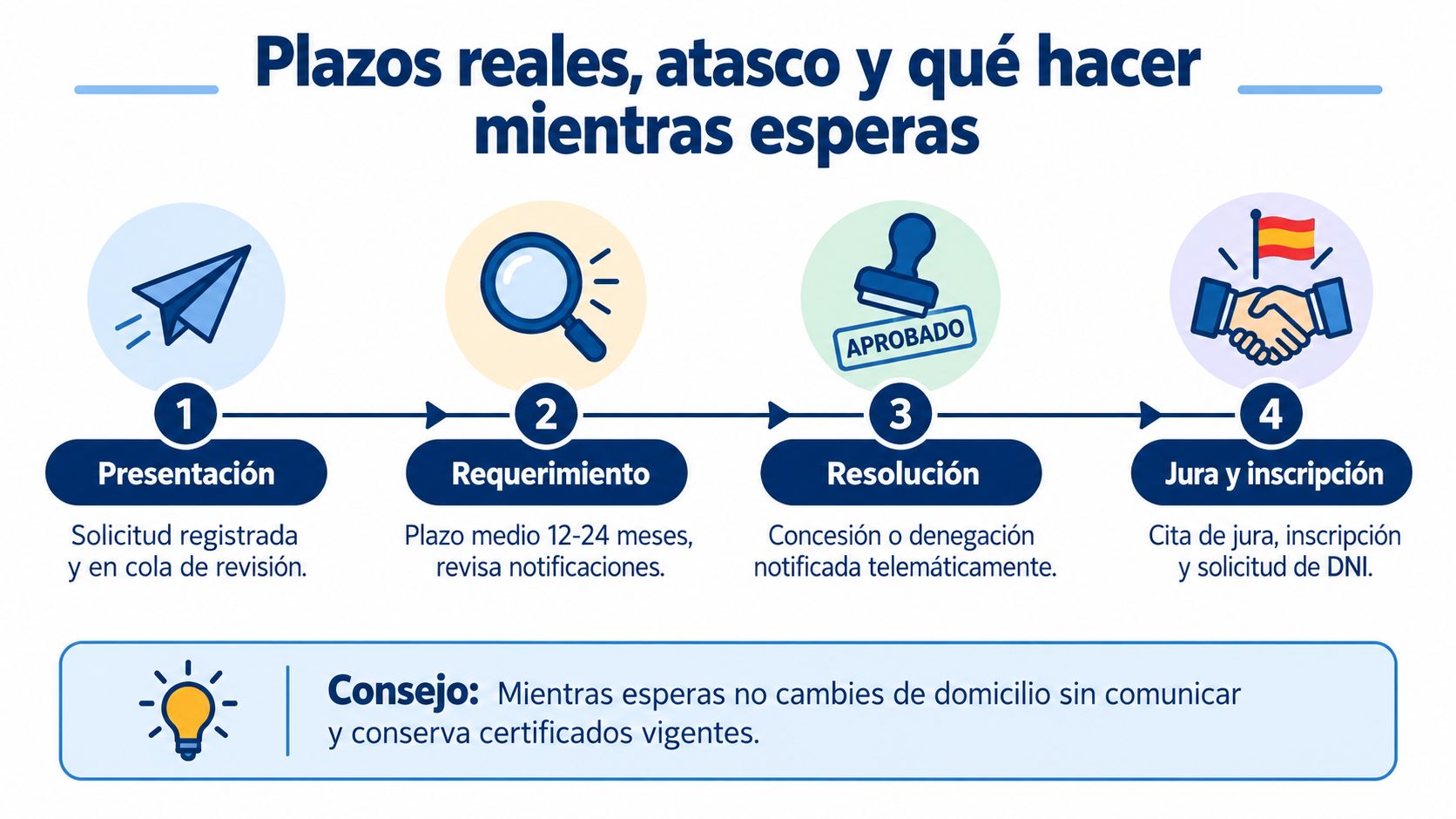 Infografía sobre los pasos, plazos y consejos para tramitar la nacionalidad española paso a paso.