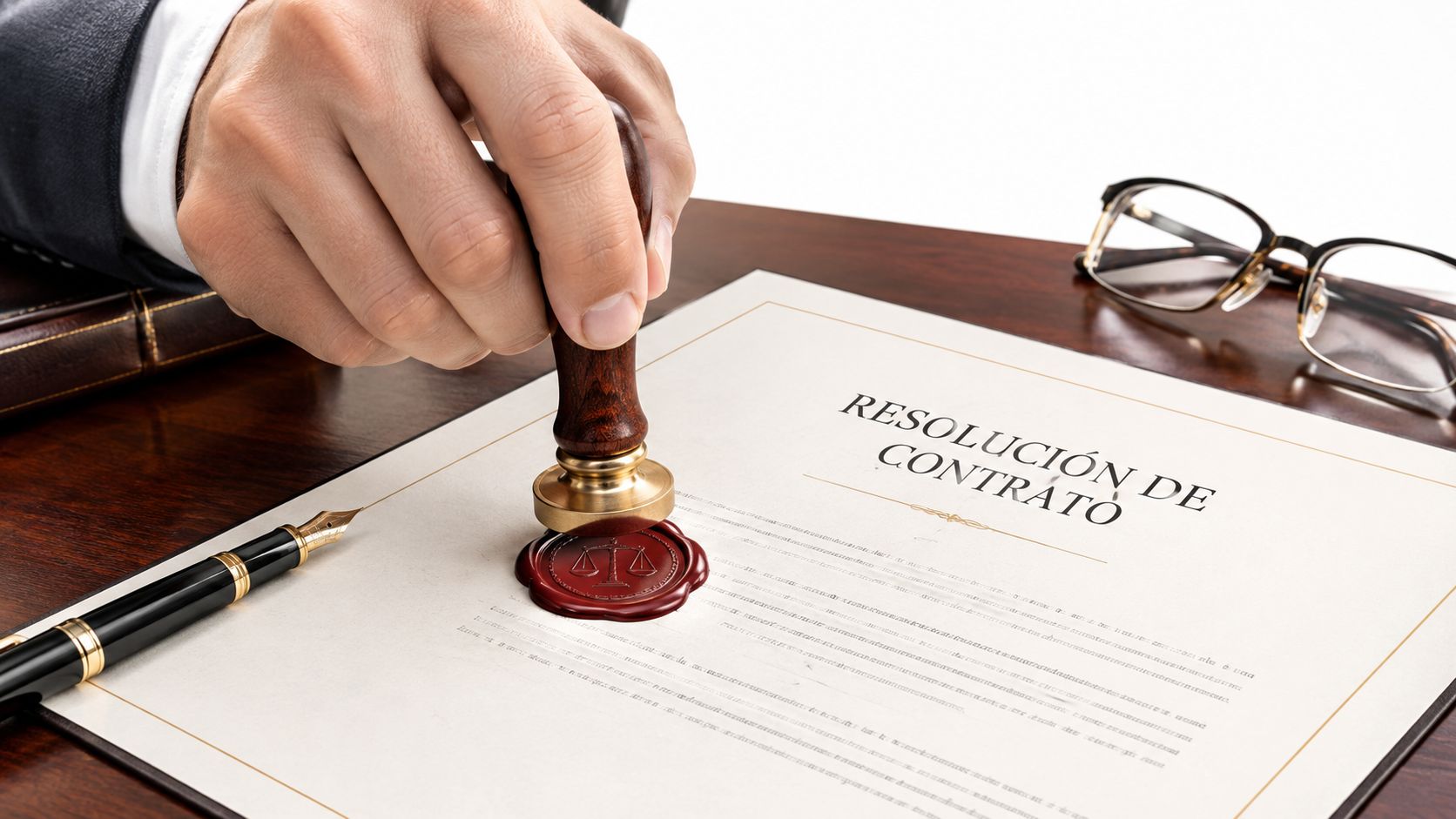 Una mano de hombre de negocios estampando un documento de resolución de contrato con un sello oficial.