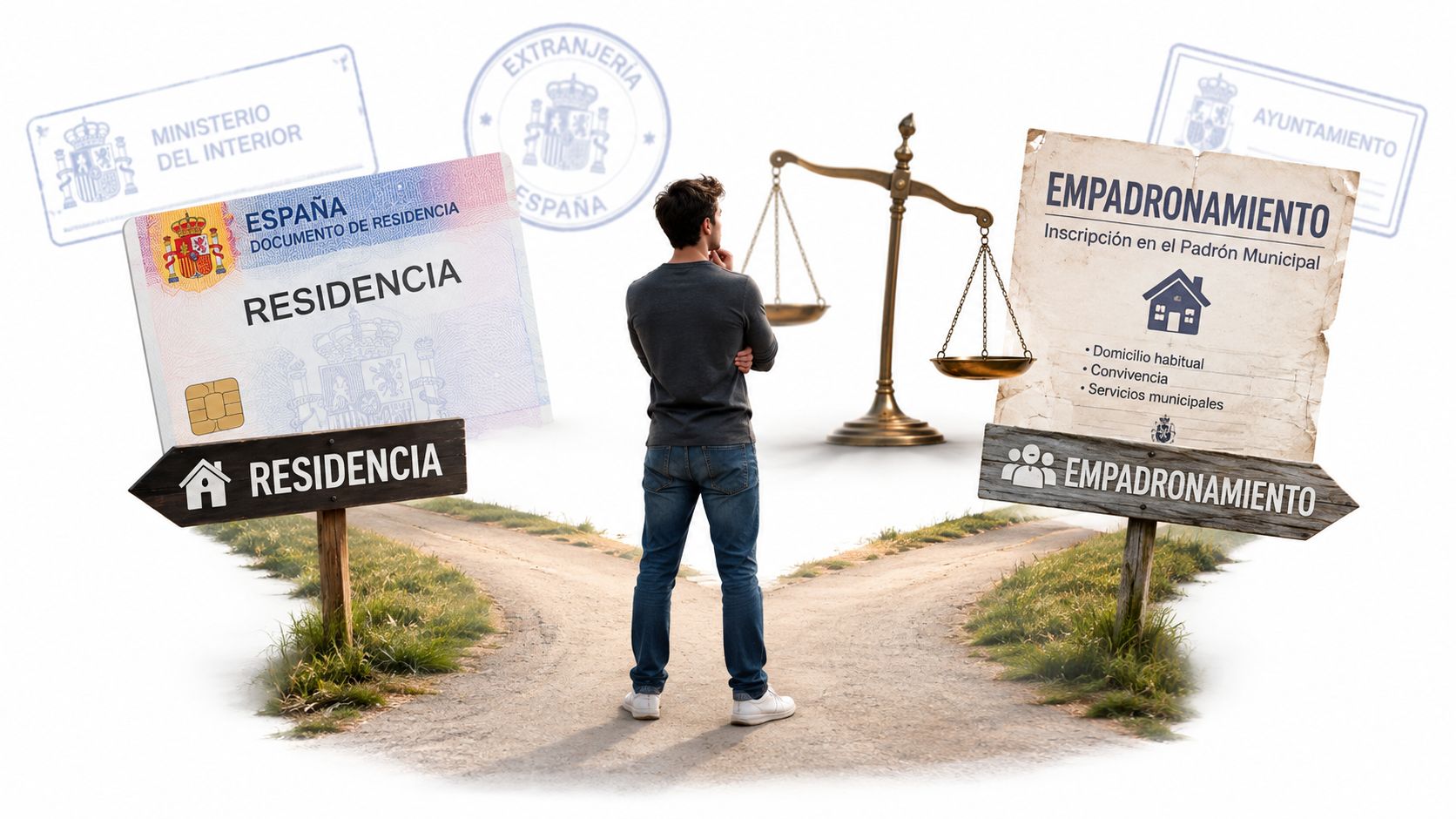 Un hombre reflexiona sobre la elección entre el permiso de residencia y el empadronamiento en España.